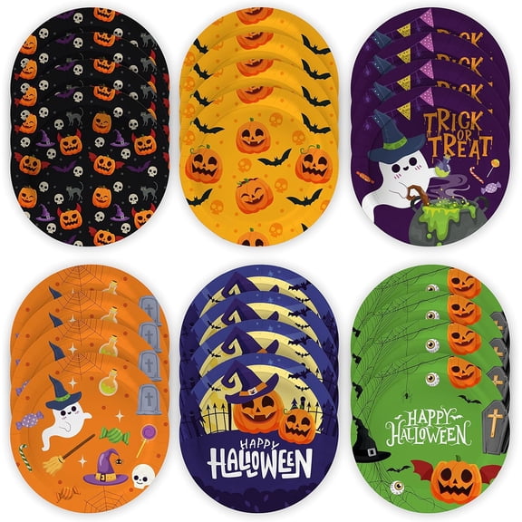 TRHOO-Pack of 48 Halloween Paper Plates  9" Halloween Dinner Plates | Disposable Spooky Plates for Kids, Jack O Lantern Plates, Ghosts, Spiders, Witches