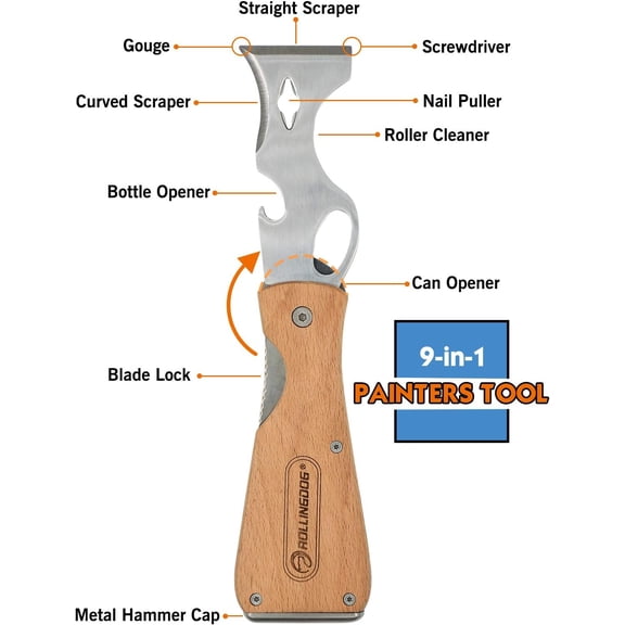 TRHOO-Paint Scraper-Folding Painters Tool 9-in-1 Beech Wooden Handle Includes Paint Roller Cleaner, Nail Puller, Putty Knife Scraper, Hammer End