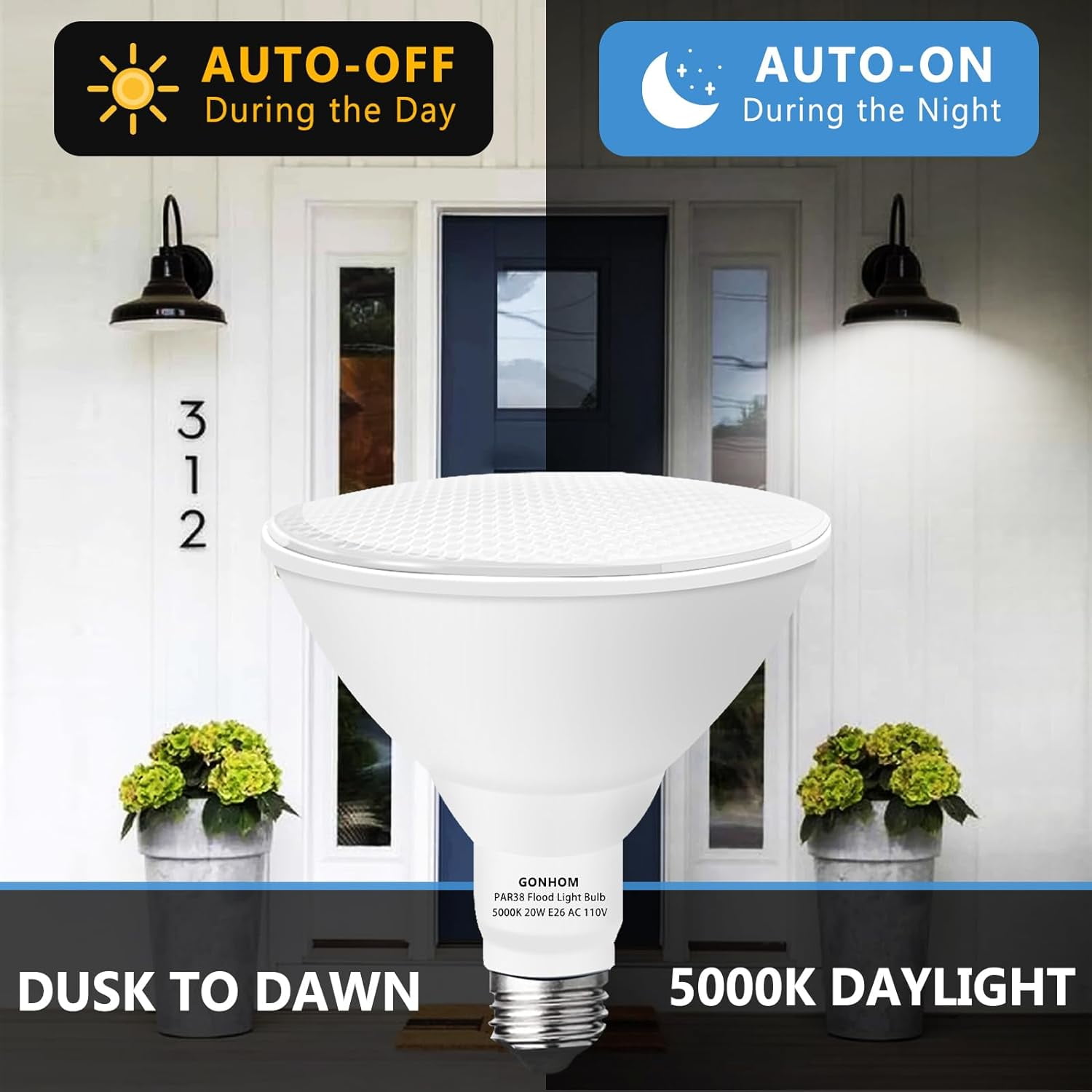 TRHOO-Par38 LED Dusk to Dawn Flood Light Bulbs Outdoor 2 Pack, 5000K Daylight, 20W Replace up to 200W, 1800LM, E26 Base Outdoor Flood Light Bulbs for Backyard, Garage, Porch, Garden