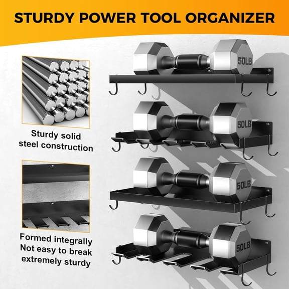 TRHOO-Power Tool Organizer Wall Mount with 8 Drill Holder, Formed Integrally Heavy Duty Garage Tool Organizers and Storage with Hooks for Battery, Tool Box, Screwdriver, Plier and Hammers No Crack