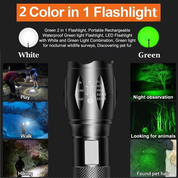 TRHOO-Rechargeable 2 in 1 Green Flashlight, Portable Waterproof Green Light Flashlight, LED Flashlight with White and Green Light Combination, Green Light for Night Observation