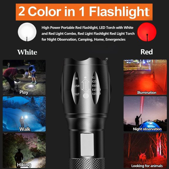 TRHOO-Rechargeable 2 in 1 Red Flashlight, Portable Waterproof Red Light Flashlight, LED Flashlight with White and Red Light Combination, Red Light for Night Observation, Astronomy, Aviations