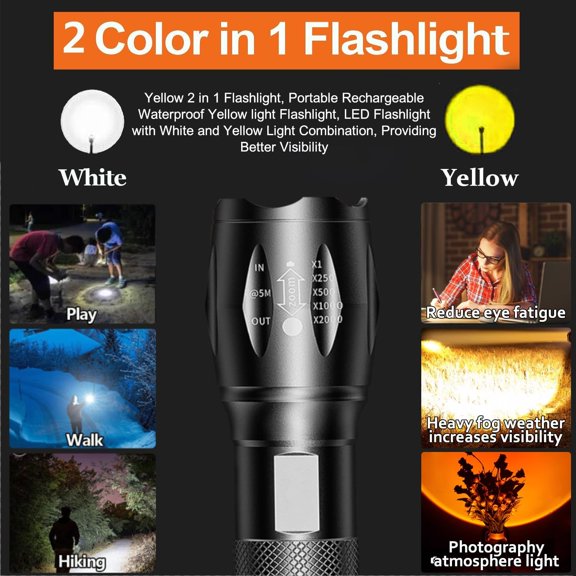 TRHOO-Rechargeable 2 in 1 Yellow Flashlight, Portable Waterproof Amber Light, LED Flashlight with White and Yellow Light Combination, Providing Better Visibility