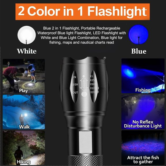 TRHOO-Rechargeable 2 in 1 Blue Flashlight, LED Flashlight with White & Blue Light, Adjustable Focus, Waterproof, Up to 500 Lumens, 10 Hour Runtime