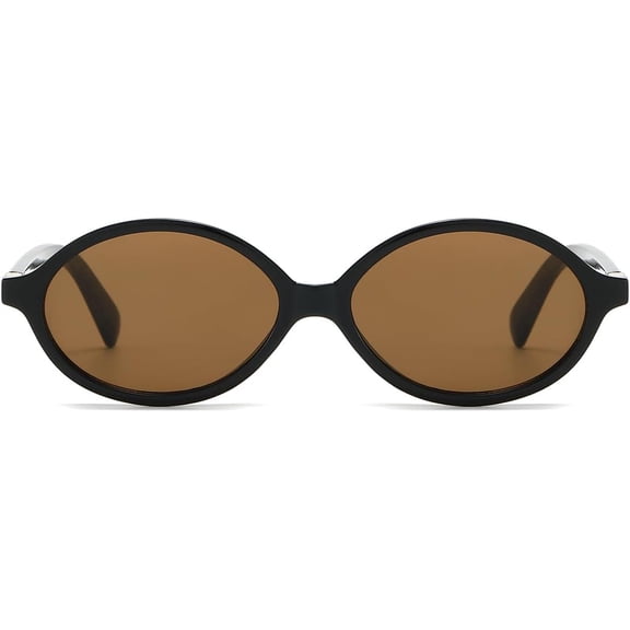 TRHOO-Retro Oval Sunglasses for Women Vintage Fashion 90s Small Oval Frame Sun Glasses Oval Eyeglasses (Black/Brown)