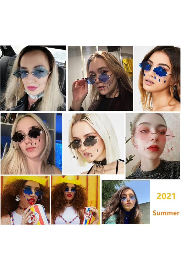 TRHOO-Retro Rimless Sunglasses for Women Men Vintage Metal Frameless Cloud Glasses Raining Crystal Pendant UV400 Protection