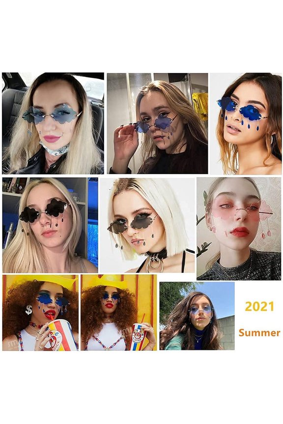 TRHOO-Retro Rimless Sunglasses for Women Men Vintage Metal Frameless Cloud Glasses Raining Crystal Pendant UV400 Protection