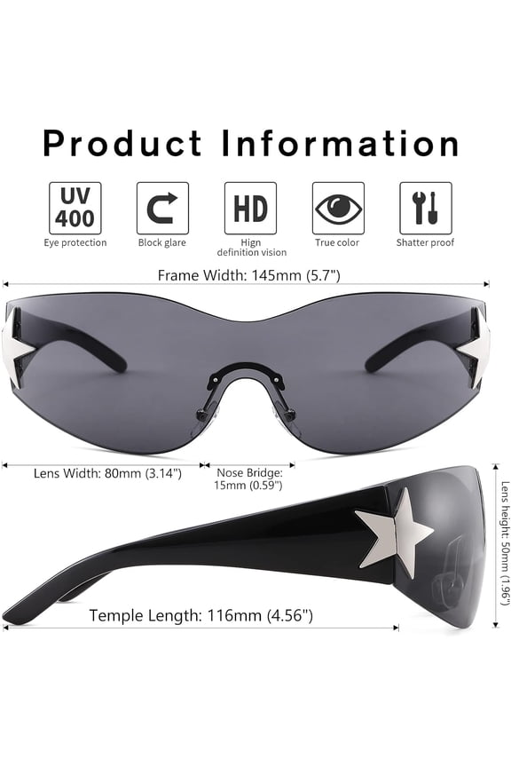 TRHOO-Rimless Y2K Wrap Around Star Sunglasses Women Men 2000s Visor Shield Shades Oversized Fashion Frameless Sun Glasses
