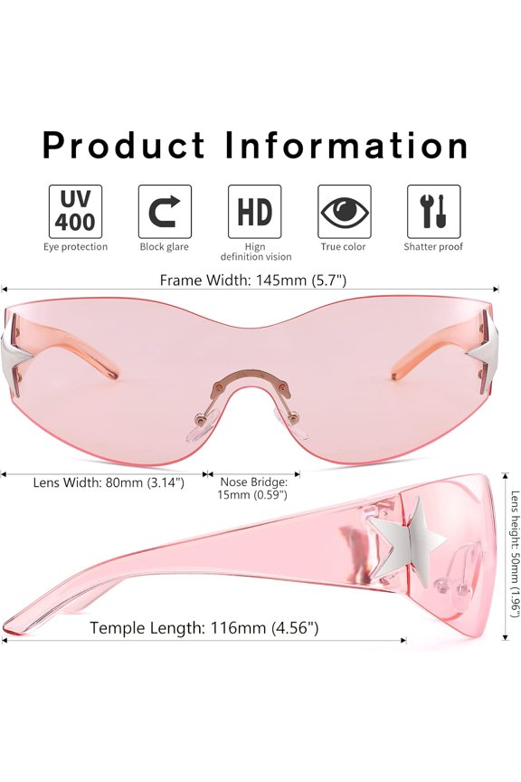 TRHOO-Rimless Y2K Wrap Around Star Sunglasses Women Men 2000s Visor Shield Shades Oversized Fashion Frameless Sun Glasses