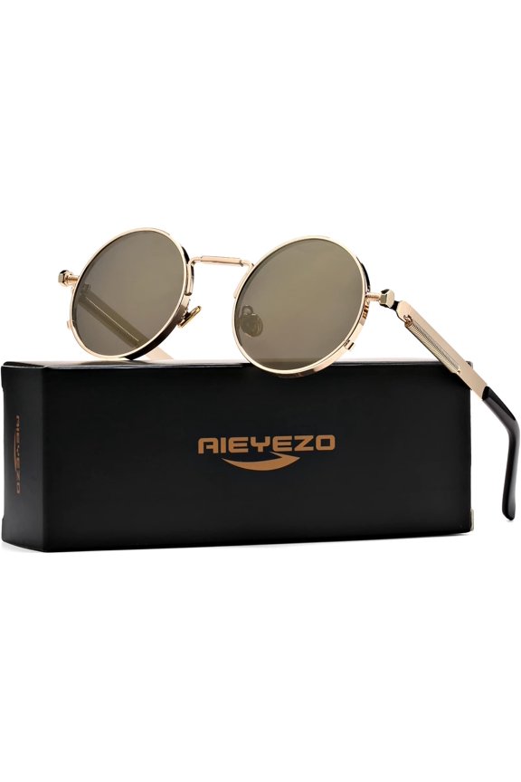 TRHOO-Round Steampunk Sunglasses Circle Lennon Glasses Gothic Metal Frame 100% UV Blocking Lens