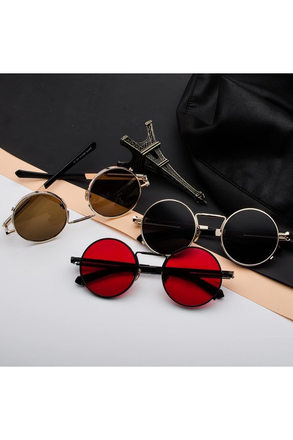 TRHOO-Round Steampunk Sunglasses Circle Lennon Glasses Gothic Metal Frame 100% UV Blocking Lens