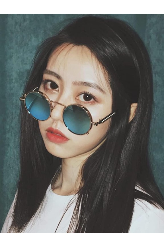 TRHOO-Round Steampunk Sunglasses Circle Lennon Glasses Gothic Metal Frame 100% UV Blocking Lens