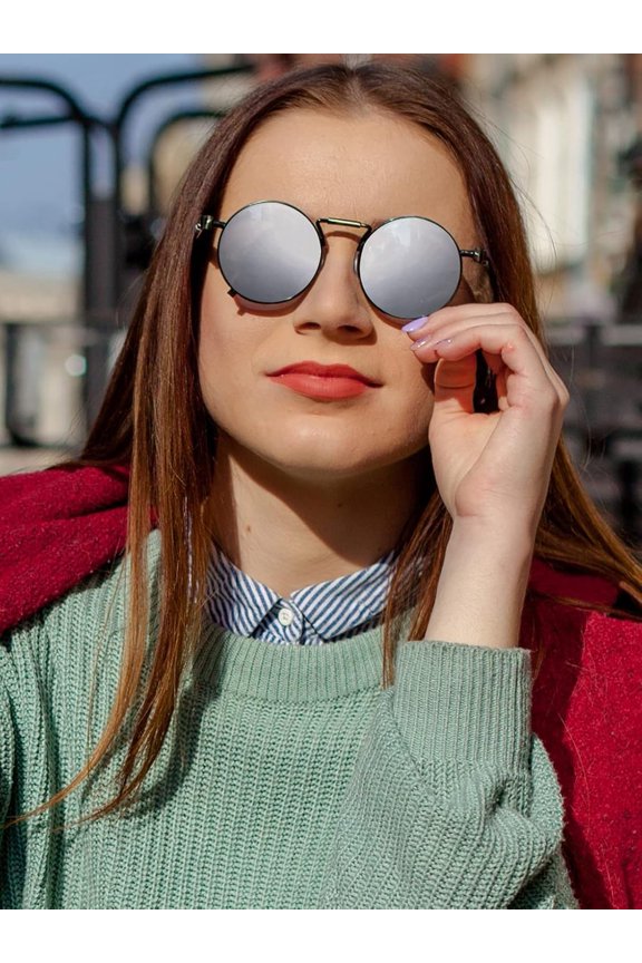 TRHOO-Round Steampunk Sunglasses Circle Lennon Glasses Gothic Metal Frame 100% UV Blocking Lens