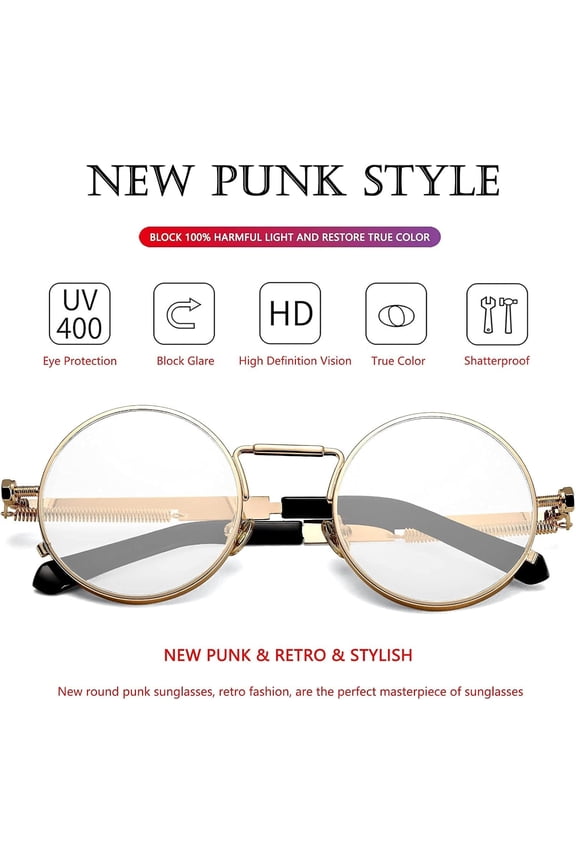TRHOO-Round Steampunk Sunglasses Circle Lennon Glasses Gothic Metal Frame 100% UV Blocking Lens