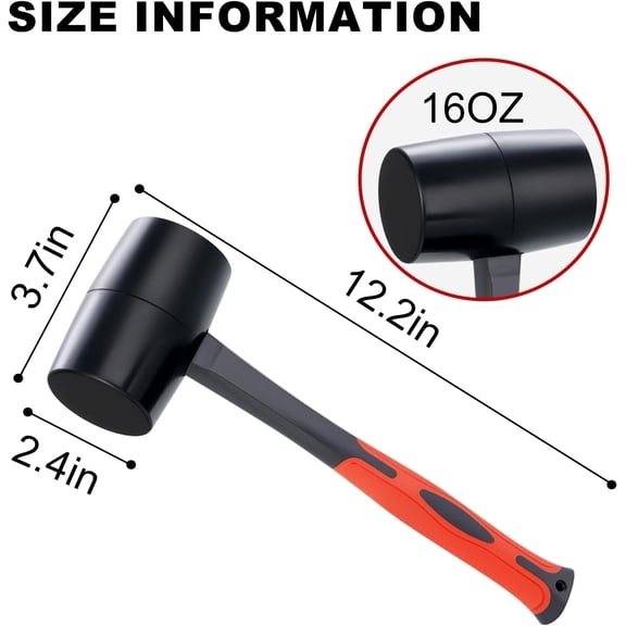 TRHOO-Rubber Mallet 16 oz, Durable Rubber Hammer Head with Fiberglass Handle, Great for Flooring, Tent Stakes, Camp Trips, Woodworking, DIY Projects Home Decoration and Soft Blow Tasks without Damage