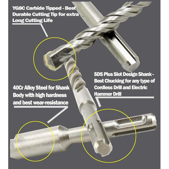 TRHOO-SDS Plus Hammer Drill Bit 1/4 in. x 8 in. Masonry Concrete Rock Drill-3Pcs