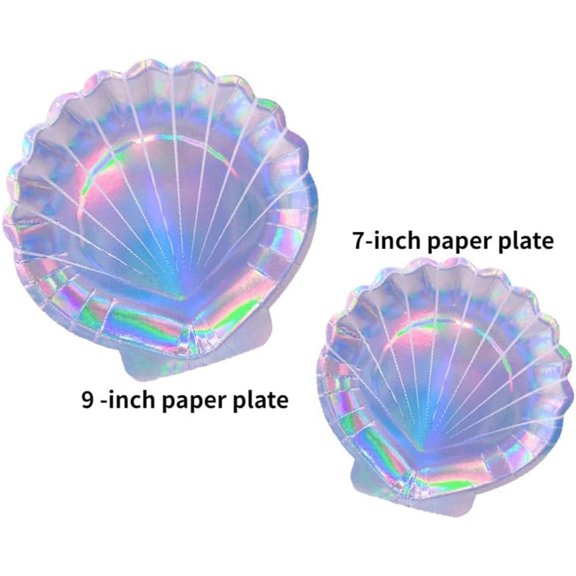 TRHOO-Seashell Paper Plates Cups, Mermaid Party Supply, Disposable Glitter Iridescent Ocean World Shell Tableware for Wedding, Bridal Shower, Baby Shower, Dinner, Birthday Party Decorations 48pcs