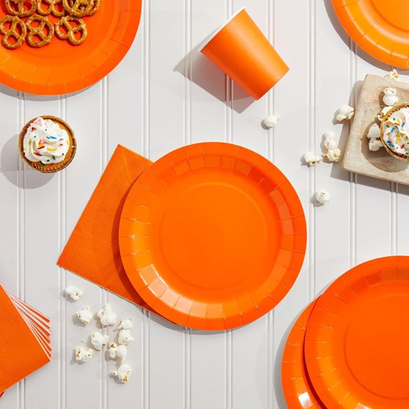 TRHOO-Serves 24 Orange Party Supplies with Paper Plates, Cups, and Napkins for Birthday, Picnic, Summer Events (72 Pieces)