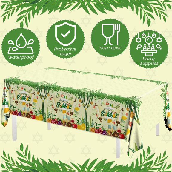 TRHOO-Sukkah Sukkot Tablecloth - Disposable Happy Sukkot Decorations Plastic Tablecloth, Jewish Holiday Party Decorations 3pcs Etrog Lulav Decor Table Cover, Jewish Table Supplies, 108 x 180 cm