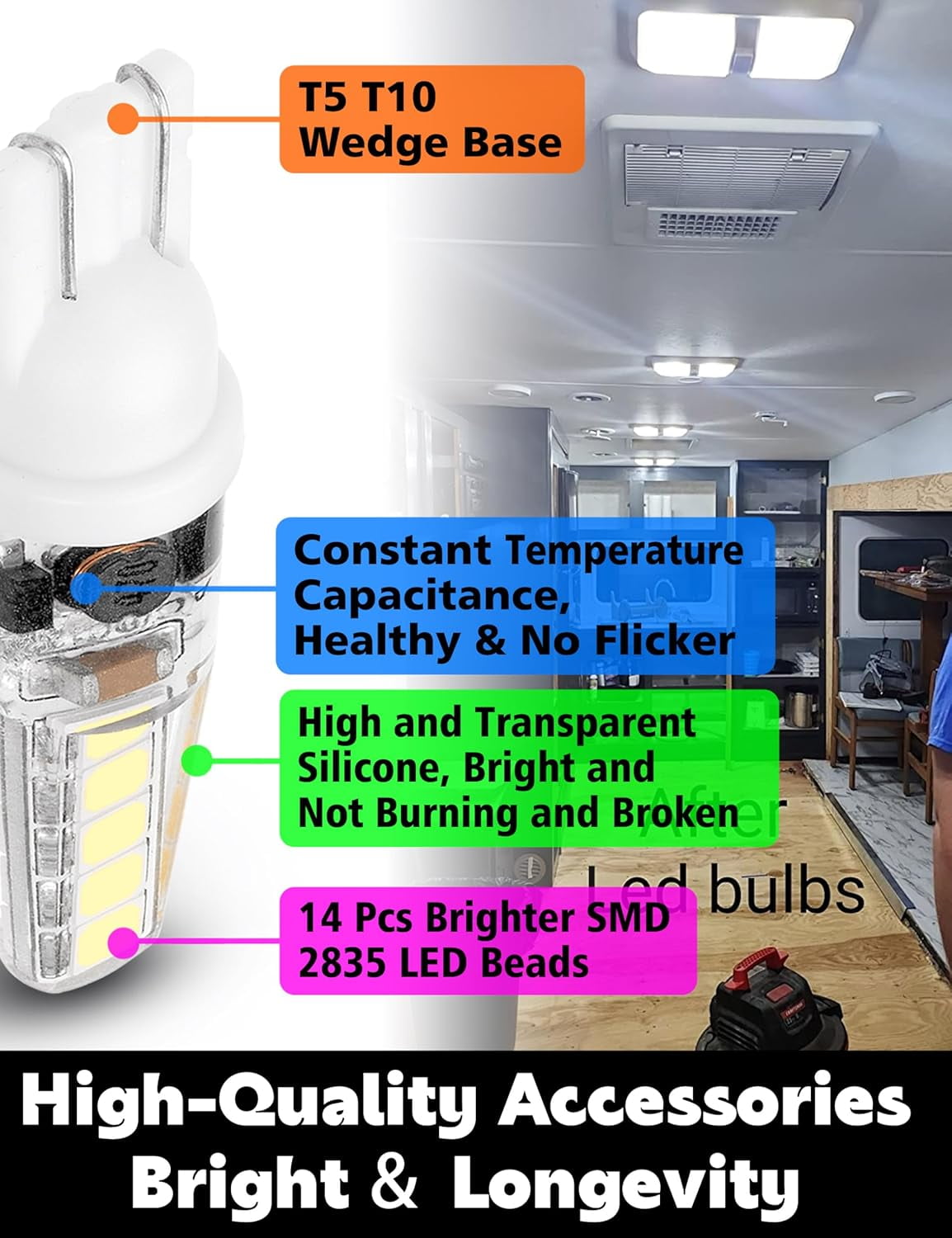 TRHOO-T10 921 922 912 194 168 Led Bulbs Bright White 6000K, 12-24V ...