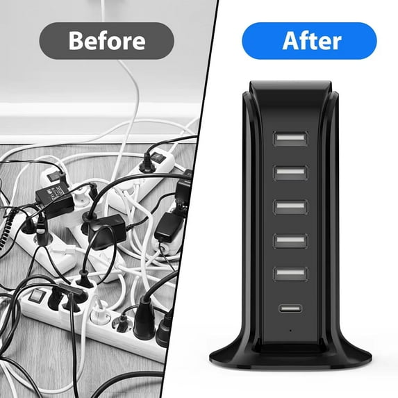 TRHOO-USB Charging Station for Multiple Devices, 5 USB Ports + 1 Type C Multiport Charger Tower, Compatible with Smartphones, Tablets and Other Devices (Black)