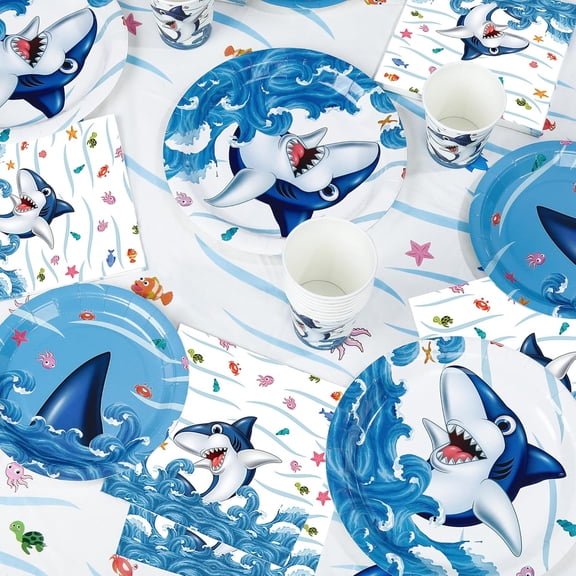 TRHOO-Under The Sea Party Tableware Set 170 pcs Shark Ocean Sea Theme Boys Party Table Decorations 24 Guests Blue Recyclable Paper Plates and Cutlery Set Party Dinnerware for Kids Party Supplies