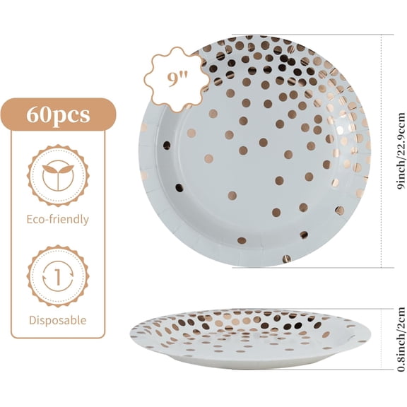 TRHOO-White and Rose Gold Foil Party Paper Plates 9'' Disposable Dinner Plates 60 counts for Birthday Wedding Engagement Birthday Bridal Shower Gruduation Retirement Passover Memorial Day Mothers Da