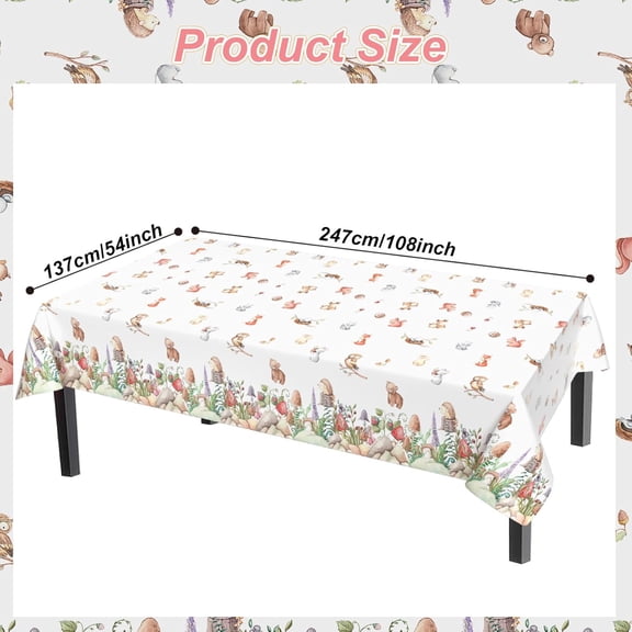 TRHOO-Woodland Tablecloth, Fox Bear Table Cloth Rectangle, Cute Animal Plastic Table Cover Disposable Party Decorations for Wild One Kids Birthday, Forest Animal Party, Baby Shower, 54x108 inch