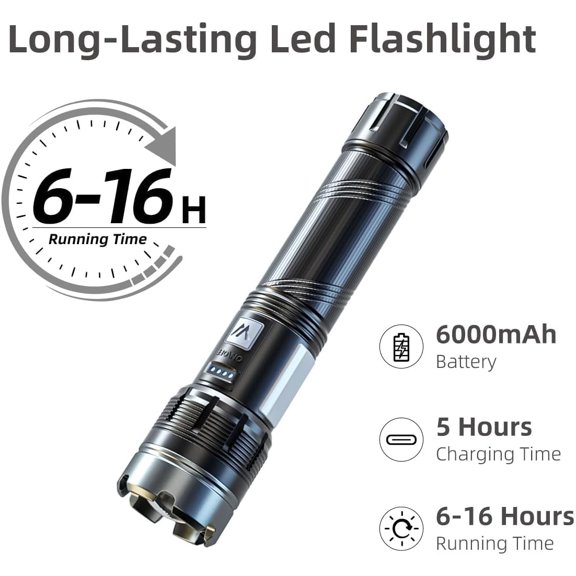 TRHOO-Zoomable Flashlight, LED Flashlight, Compact Flashlight, Tactical Flashlight with Cob Sidelight, 600LM, Flashlight Rechargeable, for Camping, Emergency, Home, Outdoor