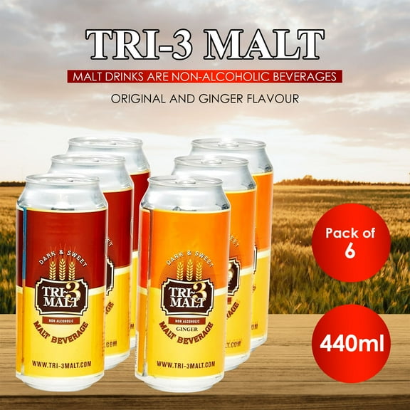 TRI-3 MALT Malt Beverage Soda Pop Ginger Flavour Non-alcoholic 6 Pack 440ml
