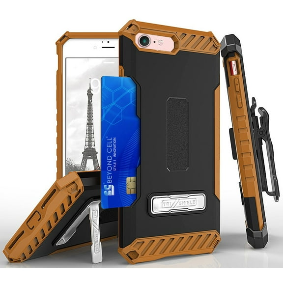 TRI-SHIELD RUGGED CASE with KICKSTAND + BELT CLIP HOLSTER + LANYARD WRIST STRAP + WALLET CREDIT CARD SLOT + TEMPERED GLASS SCREEN PROTECTOR FOR APPLE iPHONE 7/8