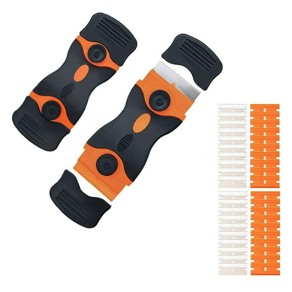 TRIANU 2Pcs Razor Blade Scraper, Razor Scraper Tool, 2-in-1 Razor Scraper Set with 40Pcs Razor Blades, for Removing Label, Registration Sticker, Tint, Grease from Windshield, Appliance, Glass