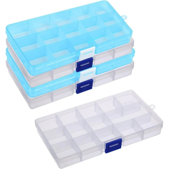 TRIANU 4 Pack Plastic Tray, 15 Grids Bead Organizer with Movable Dividers Storage, Adjustable Clear Plastic Organizer, Travel Organizer Box, Small Parts Organizer for Beads, Jewlery, Rings