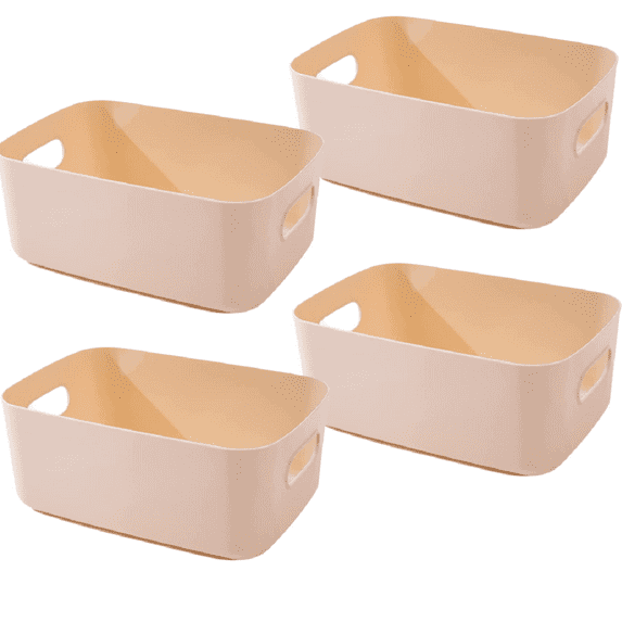 TRIANU 4 Pcs Open Storage Bins, Plastic Closet Shelf Organizer Bins, Desktop Storage Baskets for Bathroom, Nursery, Home, 9.64*6.3*3.93 in, Beige