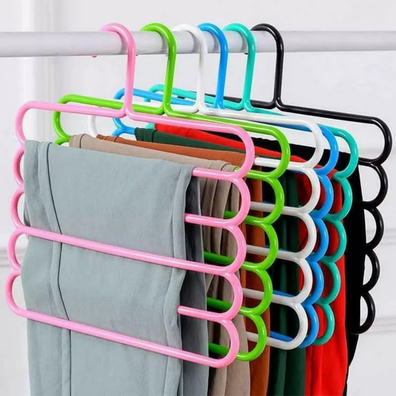TRIANU 5 Layers Pants Hangers, 6Pcs Space Saving Non-Slip Multi-Functional Closet Pants Organizer Clothes Slack Hangers Trouser Rack Wardrobe Hanger Scarf Rack Silk Tie Hanger, Random Color