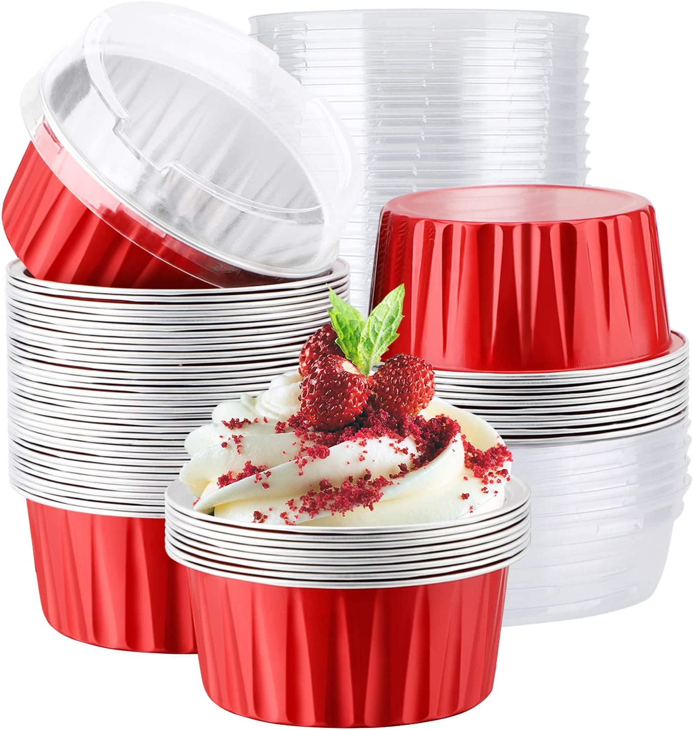 50Pcs Aluminum Foil Baking Cups with Lids, Blue, 5oz 125ml Ramekin Cupcake  Liners Muffin Liners Mini Pie Pans Foil Cupcake Containers for Christmas