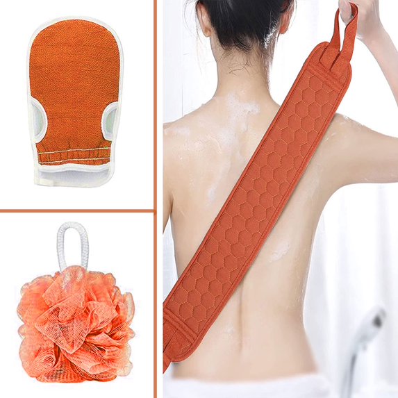 TRIANU Exfoliating Back Scrubber for Shower, Loofah Back Scrubber with Exfoliating Glove and Sponge Pad Set, Long Deep Clean Back Washer Bath Shower Scrubber for Men and Women, Red