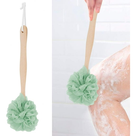 Trianu Loofah Sponge Back Scrubber, Exfoliating Luffa Pouf on a Stick, Bath Sponge Lufa Shower Brush with Wooden Long Handle for Men & Women (Green)