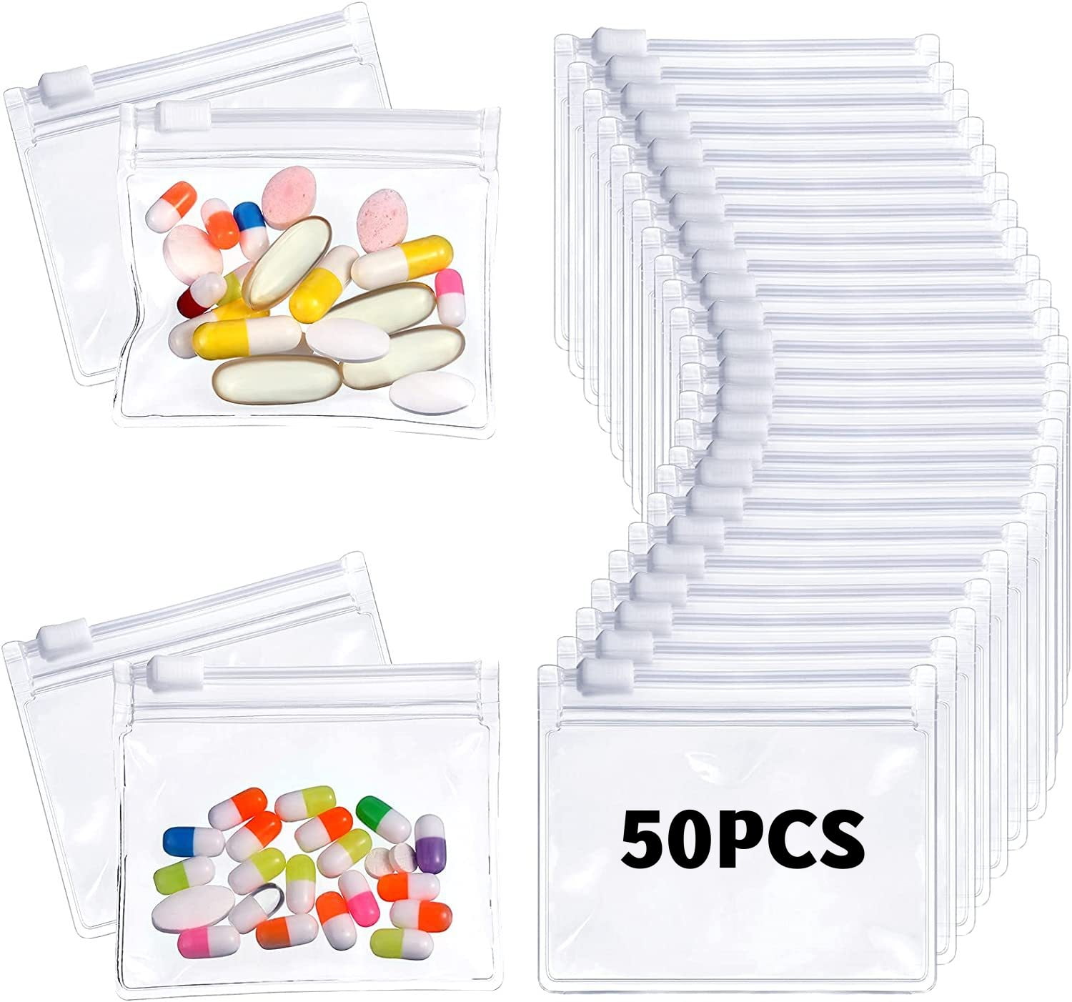 TRIANU Pill Pouch Bags 50Pcs Zippered Pill Pouch Set Reusable Clear Medicine Organizer Self Sealing Medicine Bag Travel Plastic Pill Bags with Slide Lock for Pills Small Items Storage