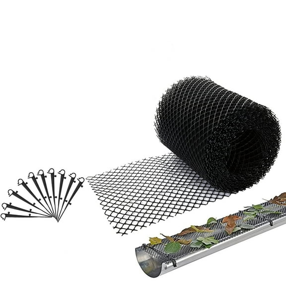 TRIANU Plastic Gutter Guard Mesh Roll 7 in x 26 ft, Gutter Guard Mesh with 10 Clip Hooks, Leaf Protector Gutter Mesh Cover Drain, Black