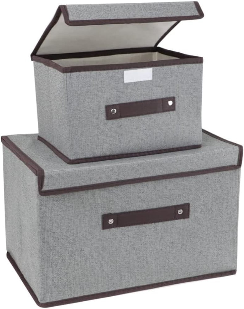 TRIANU Storage Bins with Lids, Large & Small Foldable Storage Boxes Bins Stackable Storage Box Basket Closet Organizer with Handle for Shelf, Office, Toys, Clothes, Books, 2Pack, Gray