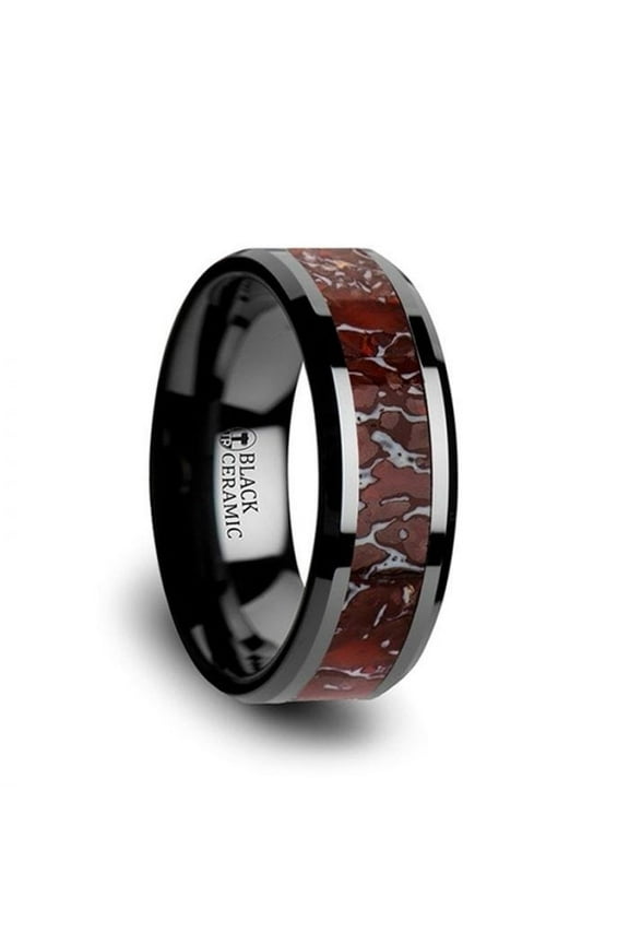TRIASSIC Red Dinosaur Bone Inlaid Black Ceramic Beveled Edged Ring - 4mm & 8mm