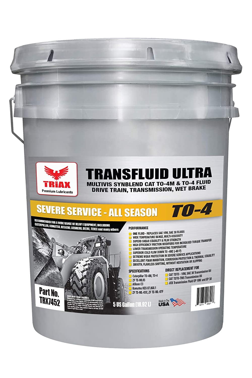 TRIAX Ultra Trans MV TO-4M - Multi-Viscosity, Heavy Duty Transmission and Drive Train Fluid - Compatible with CAT TO-4M - Wide Temperature Operating Range - High Zinc (5 Gallon Pail)