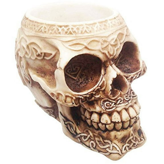 TRIBAL TATTOO SKULL PEN STATIONERY HOLDER RESIN FIGURINE SKELETON STATUE