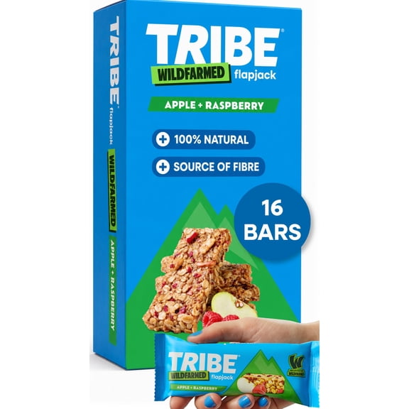 TRIBE x Wildfarmed Vegan Flapjack Bars - Apple & Raspberry Oat Bars (16 x 50g Multipack Box) | Healthy Energy Snacks | Source Of Fibre, Natural Ingredients | Sustainable Oats | Breakfast Bars