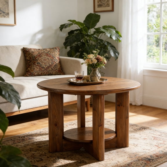 TRIBEWOOD 31.5'' Solid Wood Round Coffee Table With 2-tier Storage