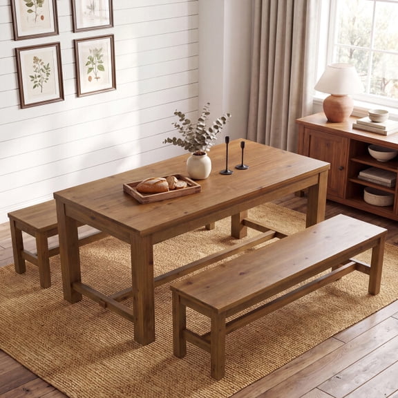 TRIBEWOOD 55" Solid Wood Dining Table Set with 2 Benches for 4-6, Brown