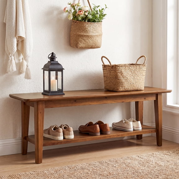 TRIBEWOOD 55" Solid Wood Entryway Bench With Shelf, Rustic Shoe Storage Bench For Hallway, Mudroom, Living Room