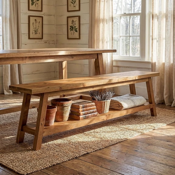 TRIBEWOOD 63” Farmhouse Wood Dining Room Bench with Storage Shelf,