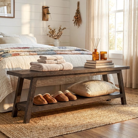 TRIBEWOOD 63-Inch Solid Wood Bedroom Bench with Storage Shelf, Rustic Farmhouse End of Bed Bench